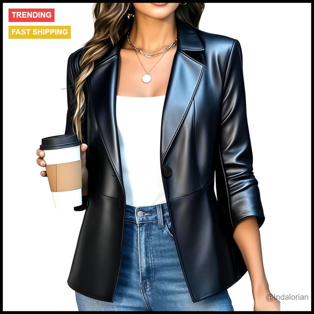 Faux Leather Blazer Slim Fit 3/4 Sleeve Chic Office Business Casual Jacket